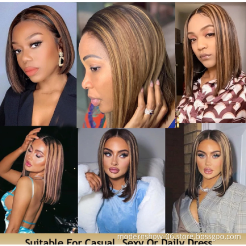 Highlight Color Lace Front Human Hair Wigs 150% Density Brazilian Virgin Straight Hair Blonde Short Bob Glueless T Lace Wigs